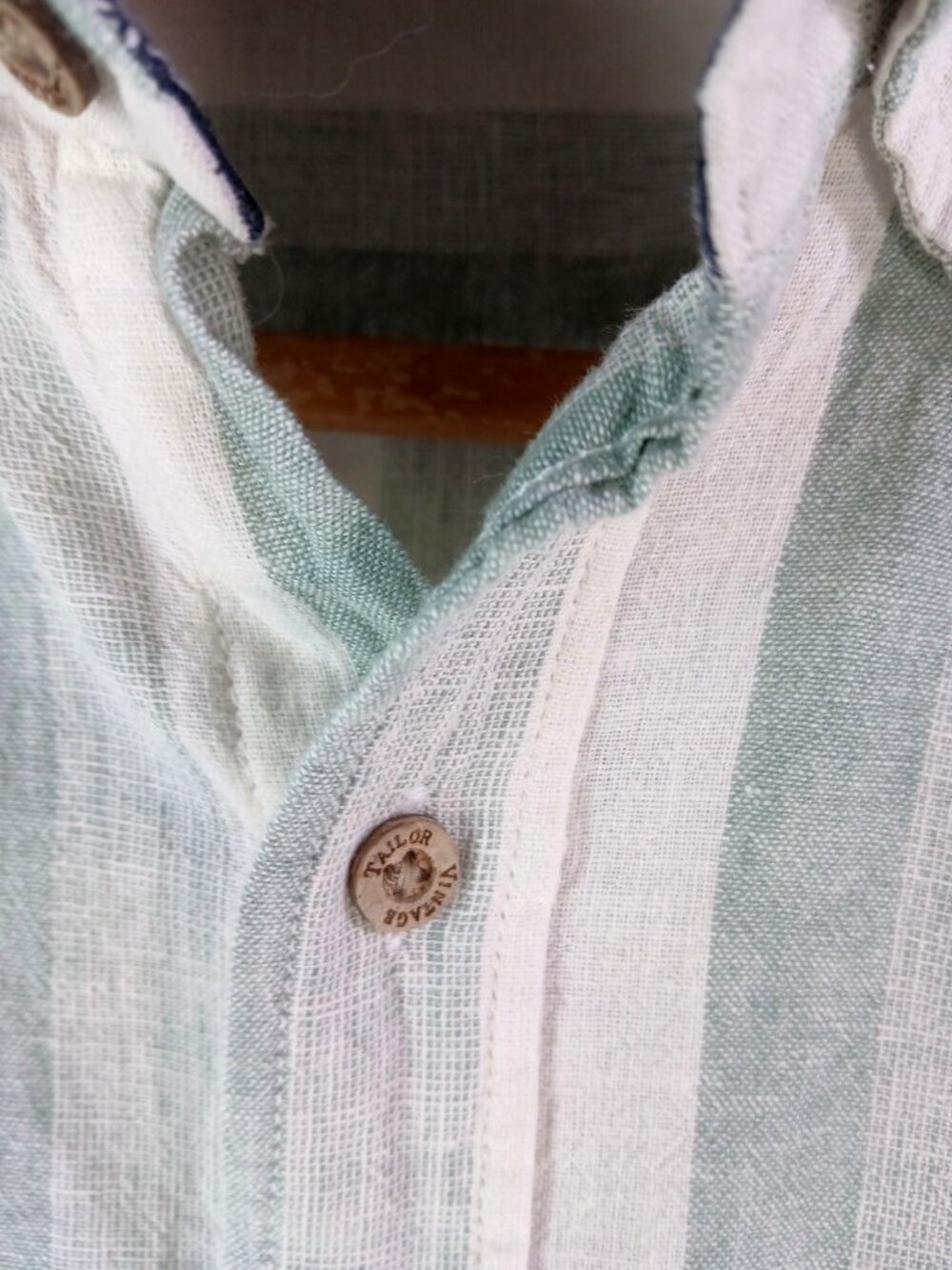 Tailor Vintage Mens Green White Striped Puretec Cool Linen Button Shirt Size L - Picture 5 of 13